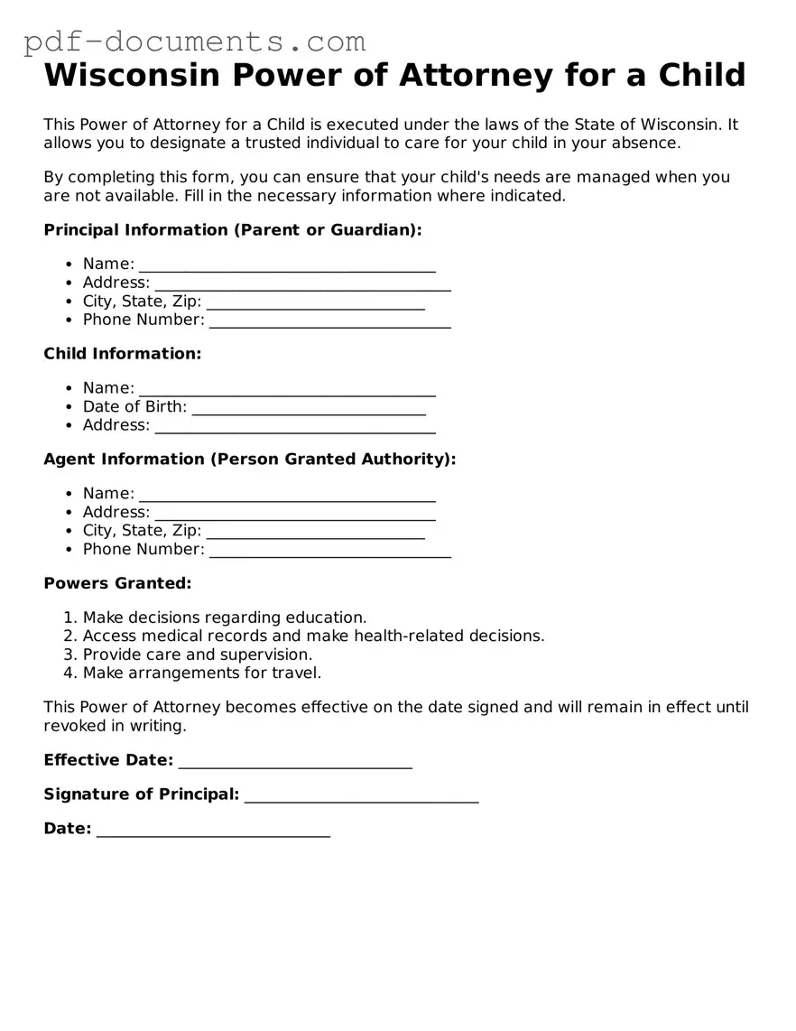 Legal Power of Attorney for a Child Template for the State of Wisconsin