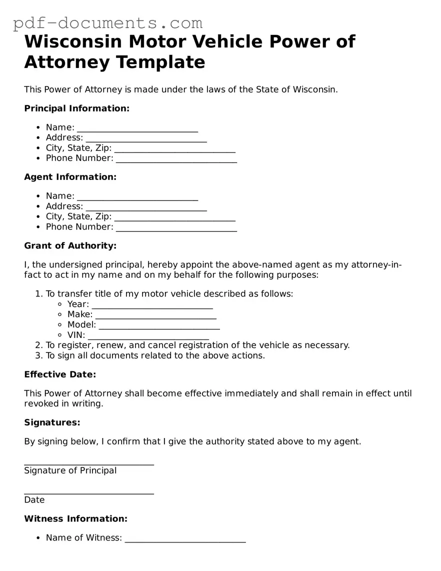 Legal Motor Vehicle Power of Attorney Template for the State of Wisconsin