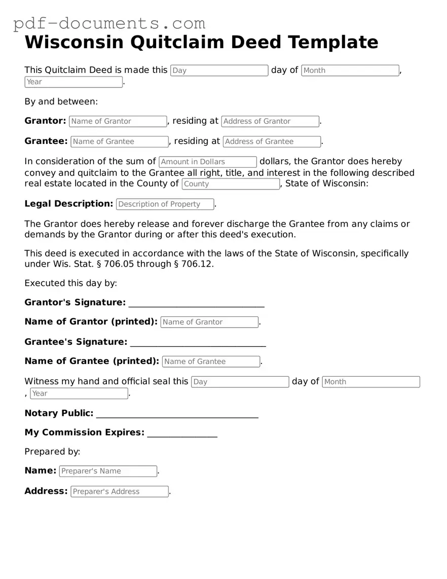 Legal Quitclaim Deed Template for the State of Wisconsin