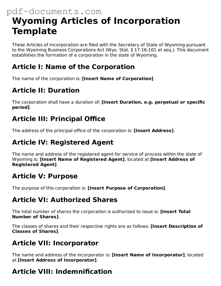 Legal Articles of Incorporation Template for the State of Wyoming