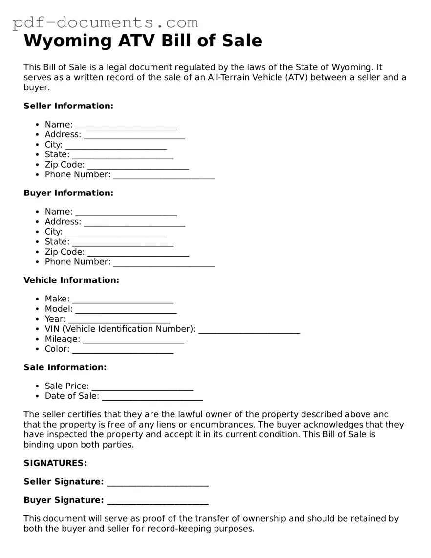 Legal ATV Bill of Sale Template for the State of Wyoming