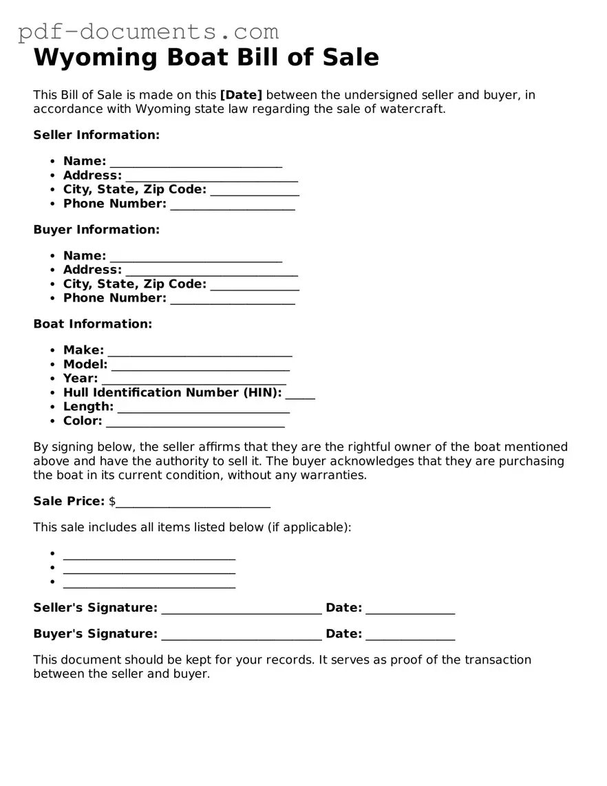 Legal Boat Bill of Sale Template for the State of Wyoming