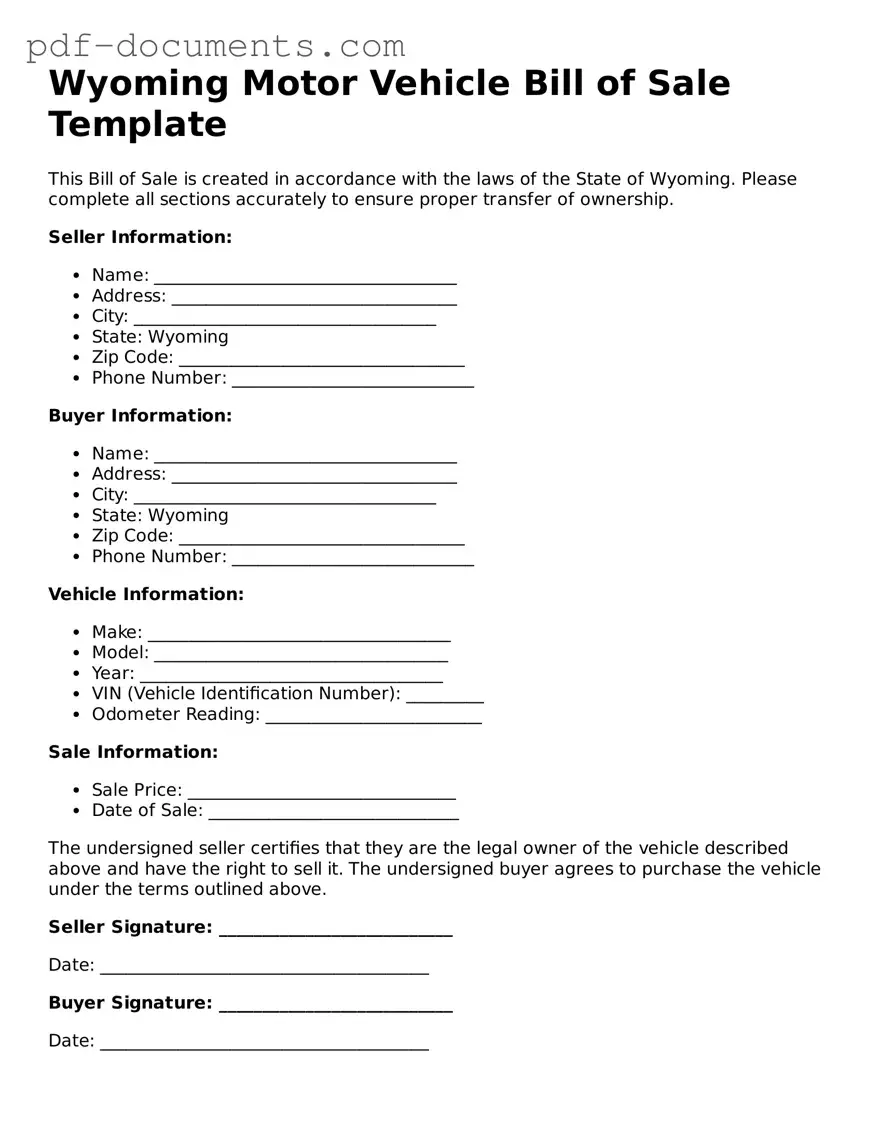 Legal Motor Vehicle Bill of Sale Template for the State of Wyoming