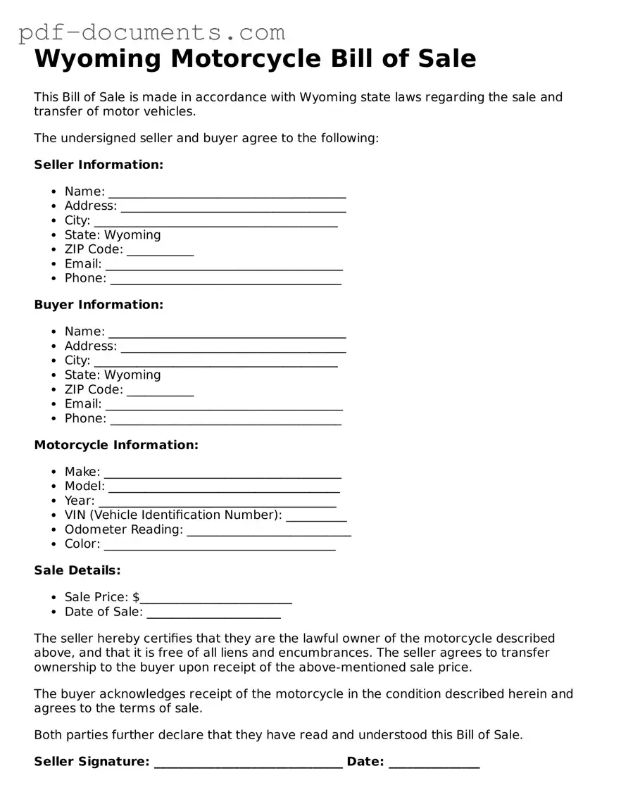 Legal Motorcycle Bill of Sale Template for the State of Wyoming