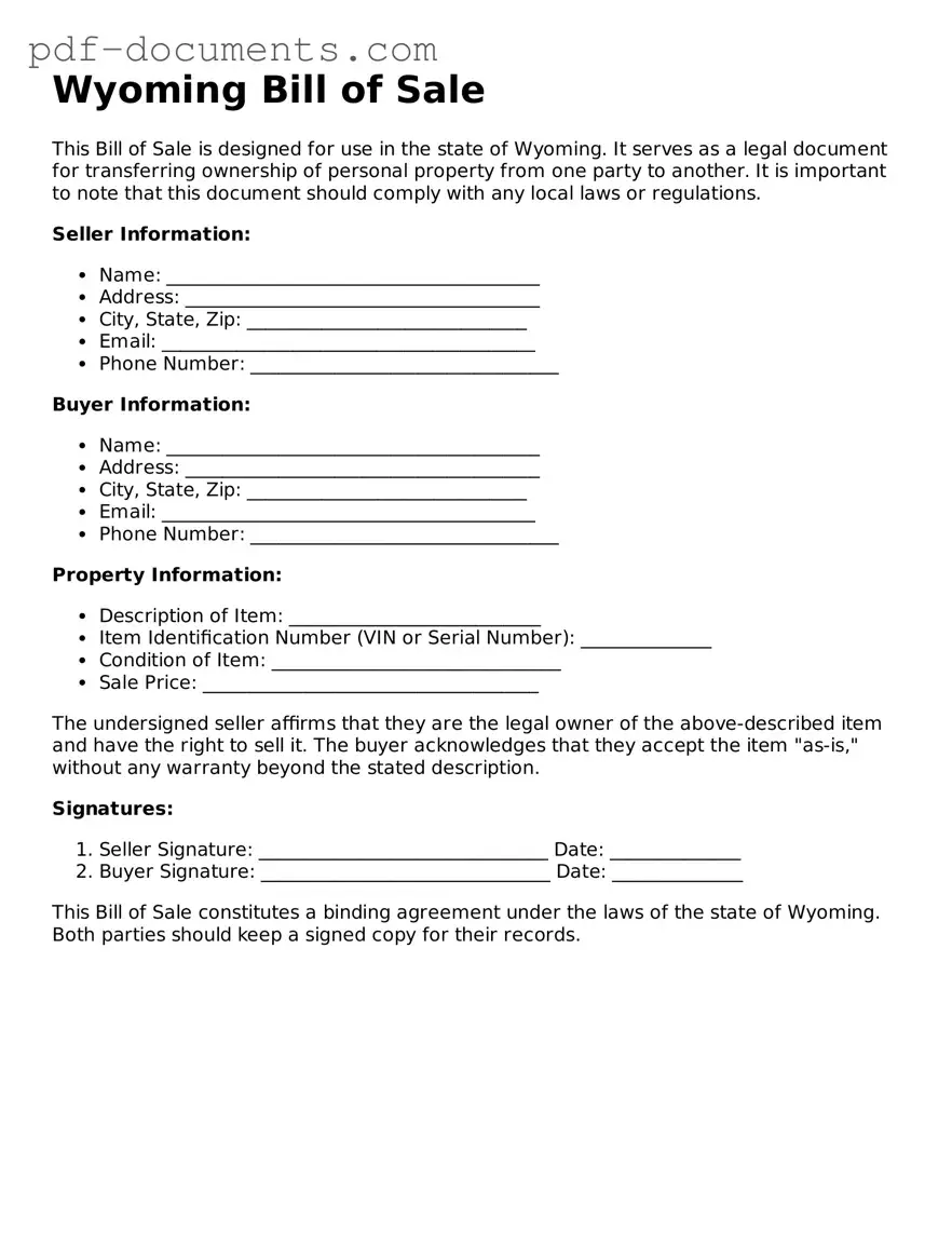 Legal Bill of Sale Template for the State of Wyoming