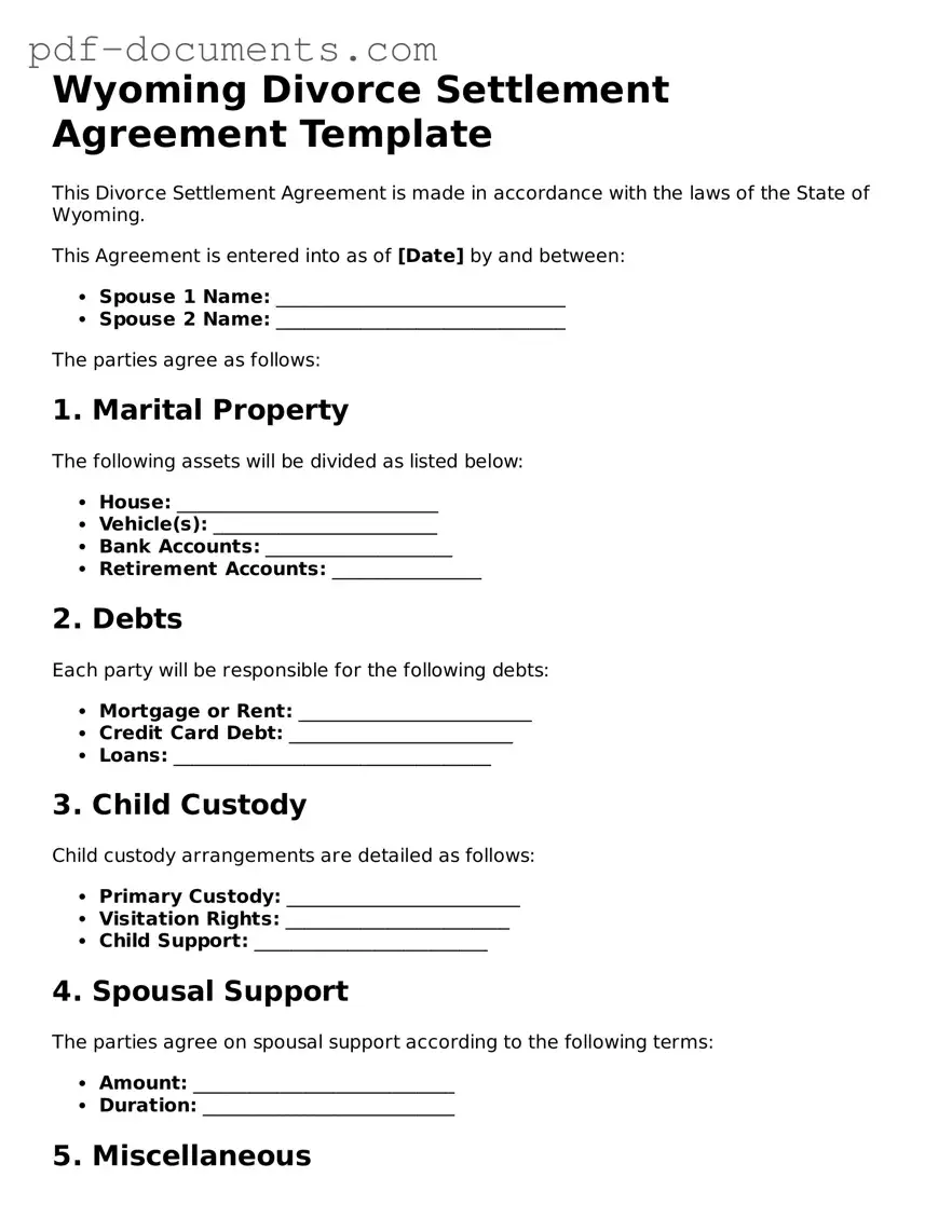 Legal Divorce Settlement Agreement Template for the State of Wyoming