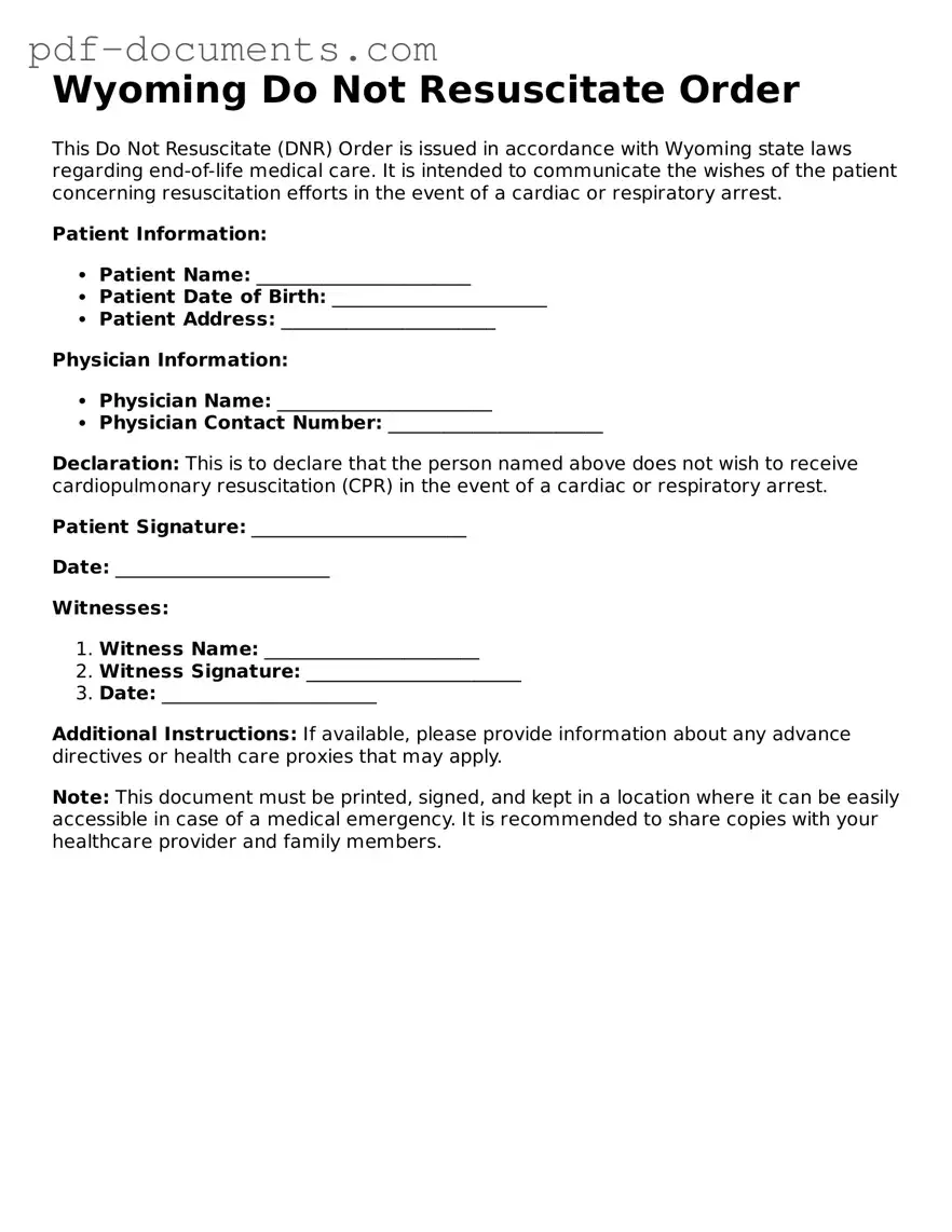 Legal Do Not Resuscitate Order Template for the State of Wyoming