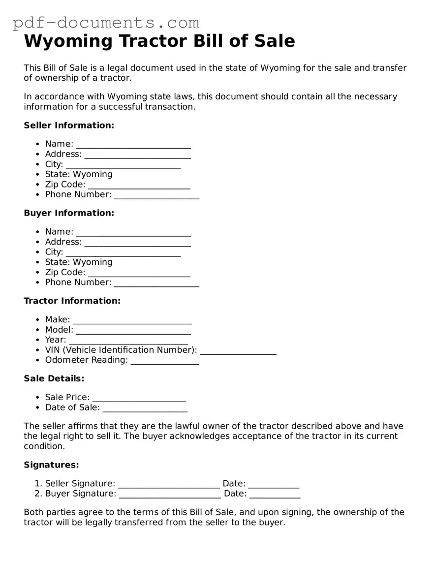 Legal Tractor Bill of Sale Template for the State of Wyoming