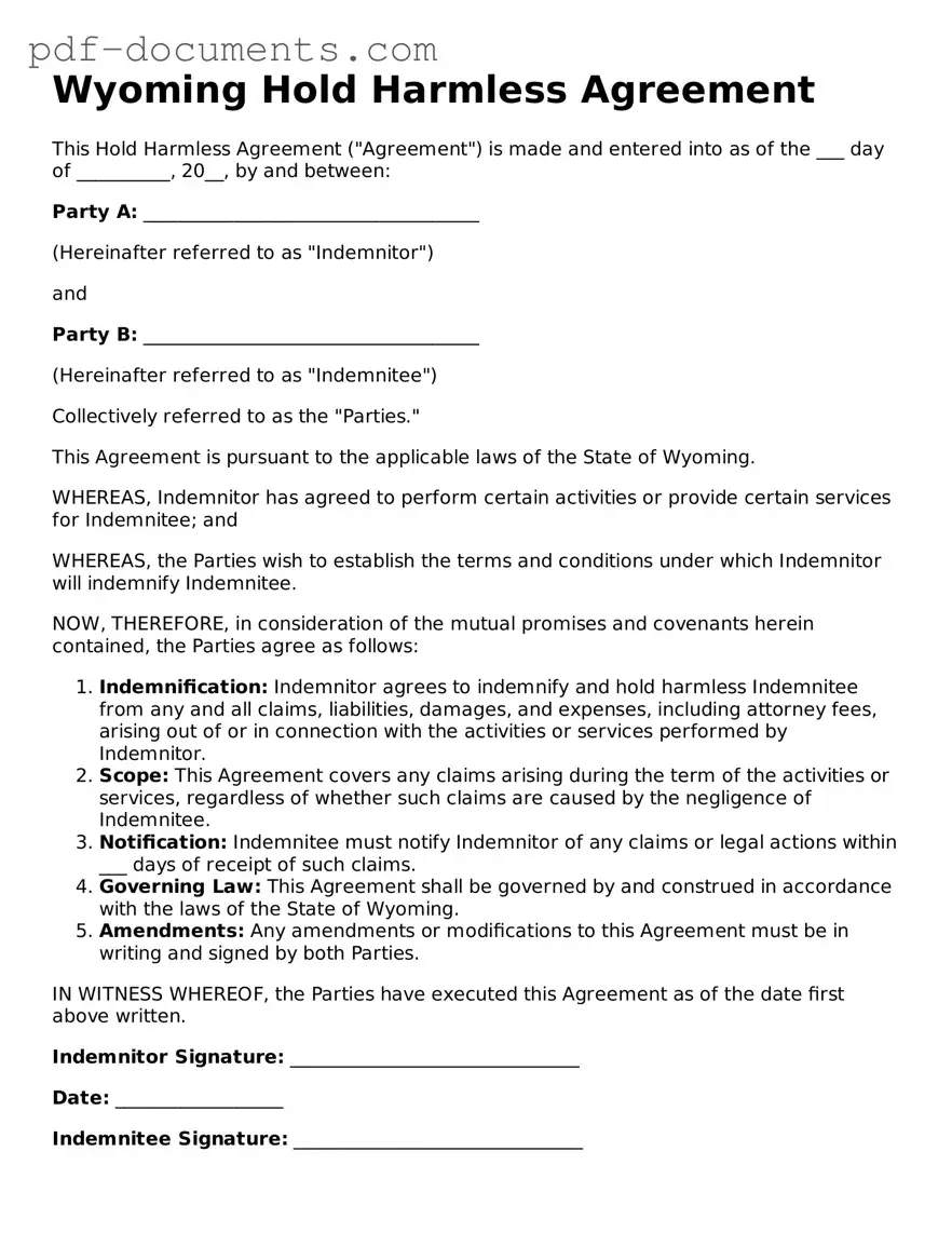 Legal Hold Harmless Agreement Template for the State of Wyoming