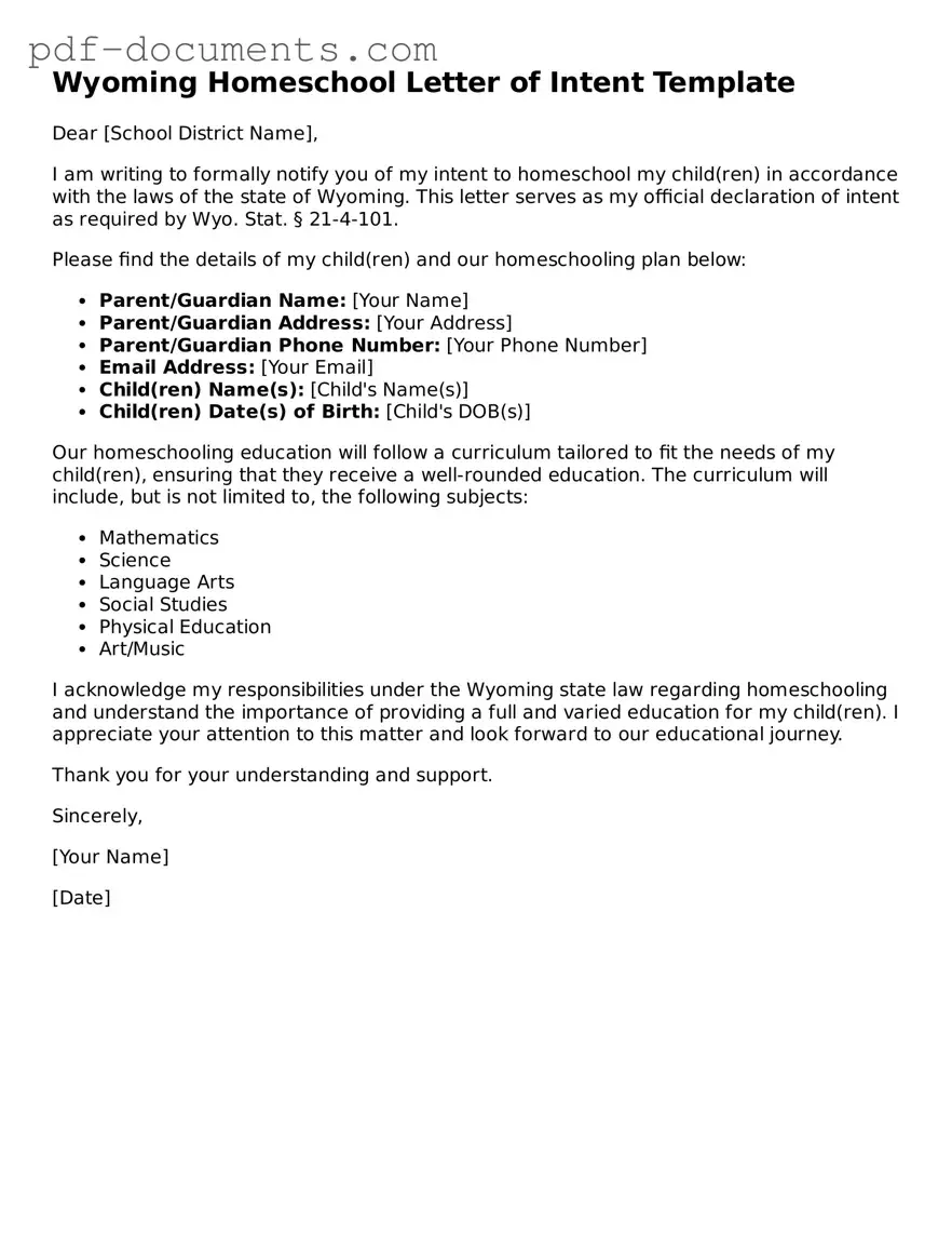Legal Homeschool Letter of Intent Template for the State of Wyoming