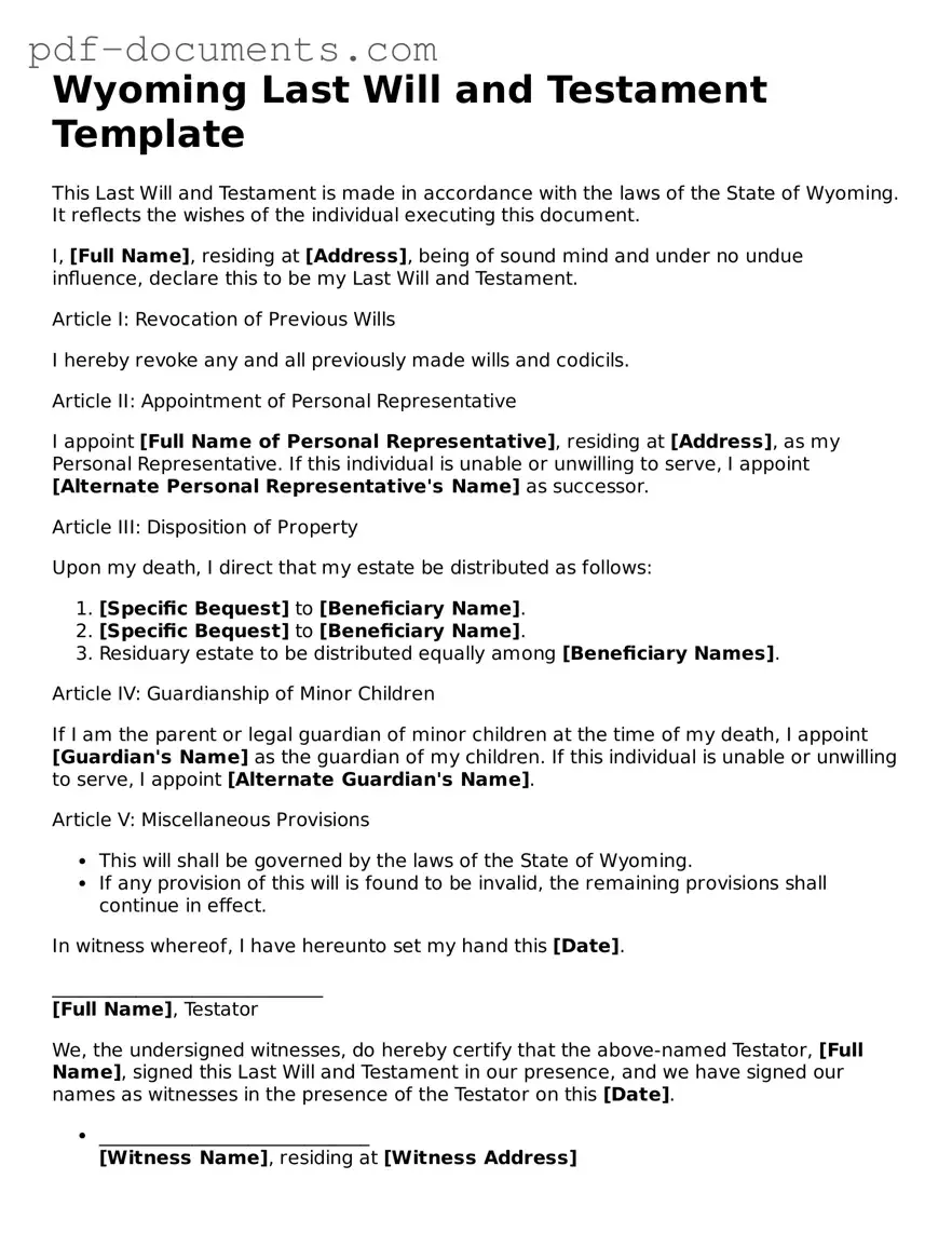 Legal Last Will and Testament Template for the State of Wyoming