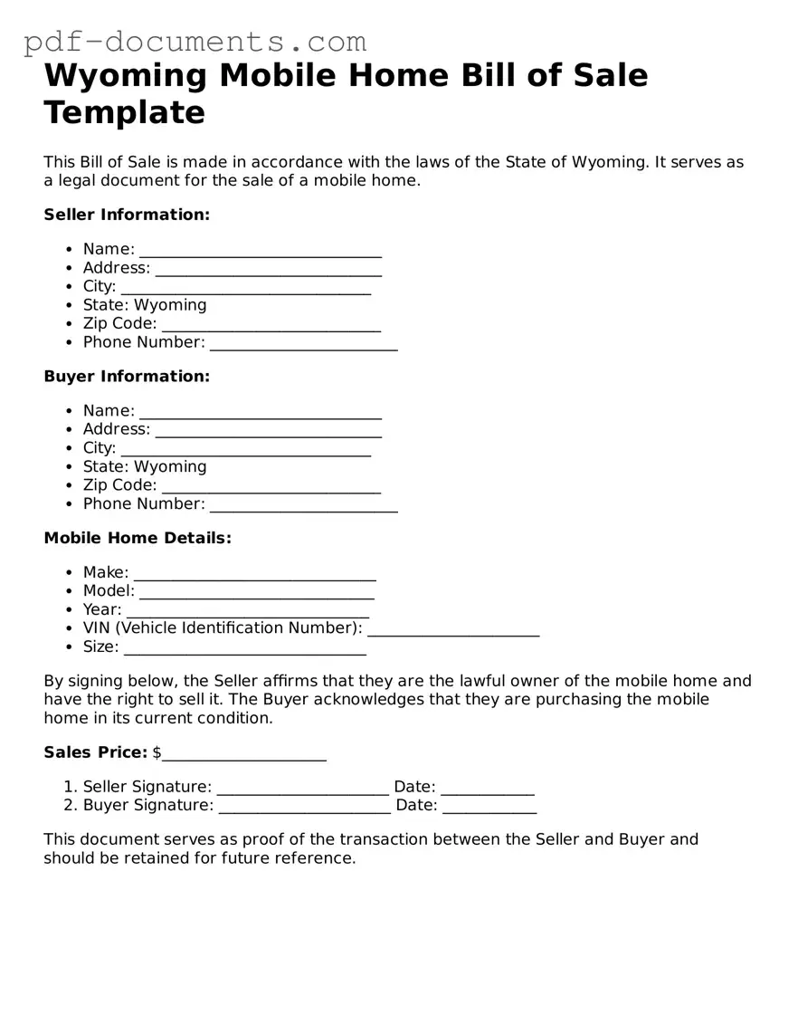Legal Mobile Home Bill of Sale Template for the State of Wyoming
