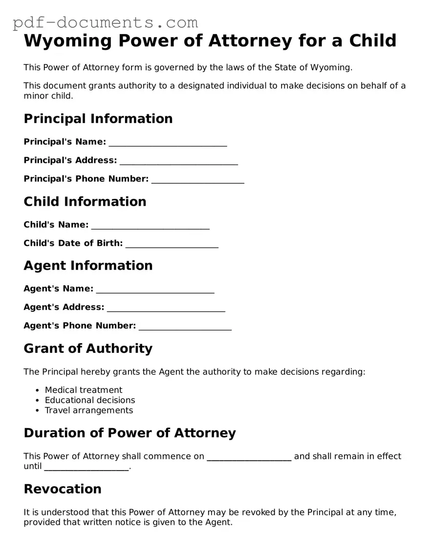 Legal Power of Attorney for a Child Template for the State of Wyoming