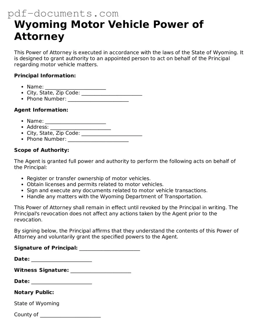 Legal Motor Vehicle Power of Attorney Template for the State of Wyoming