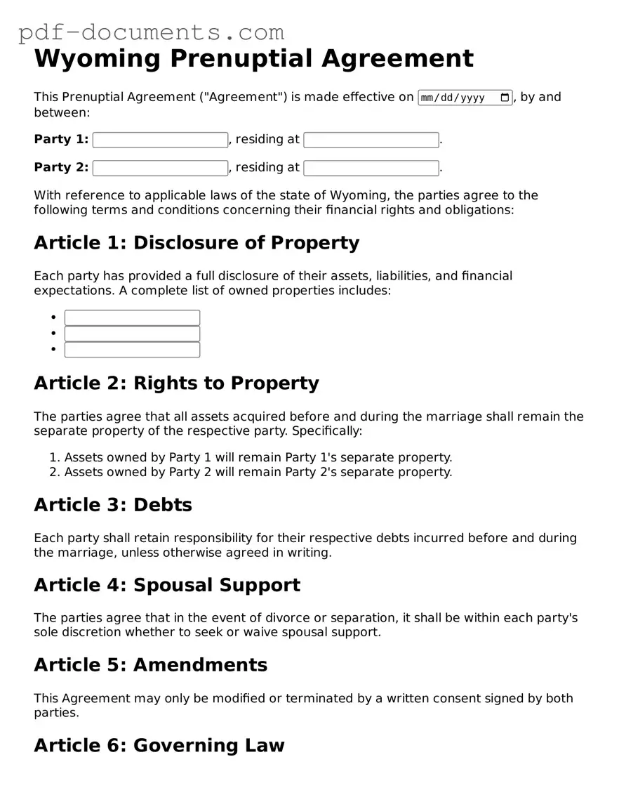 Legal Prenuptial Agreement Template for the State of Wyoming